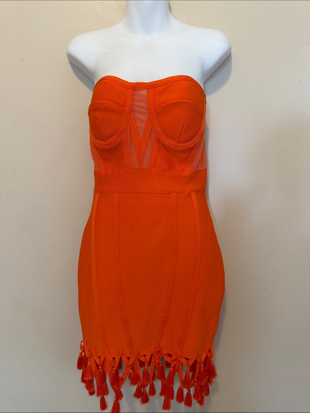 Strapless Orange Tassel-Hem Bodycon Dress